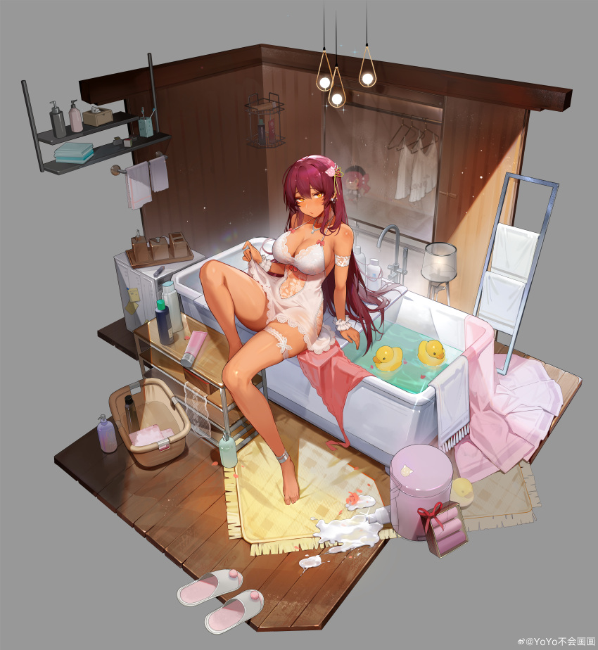 1girl absurdres anklet apron armband bare_shoulders barefoot basket bath bathroom bathtub blush breasts bridal_garter cat_hair_ornament ceiling_light character_doll claw_foot_bathtub cleavage closed_mouth clothes_hanger dark-skinned_female dark_skin diorama earrings faucet feet full_body girls'_frontline hair_between_eyes hair_ornament hair_ribbon highres incredibly_absurdres indoors jewelry lampshade large_breasts light_bulb light_particles long_hair looking_at_viewer navel negligee official_alternate_costume official_alternate_hairstyle official_art pearl_hair_ornament perspective pink_apron pink_ribbon purple_hair ribbon rug saiga-12_(cleansing_waves_in_shallow_pool)_(girls'_frontline) saiga-12_(girls'_frontline) shelf sitting skirt_hold slippers soap_dispenser solo sparkle spill sticky_note toes toothbrush towel towel_rack trash_can unworn_apron unworn_slippers very_long_hair washing_machine water weibo_logo weibo_watermark white_armband white_footwear white_negligee white_wrist_cuffs wooden_floor wooden_wall wrist_cuffs yellow_eyes yellow_ribbon yoyo_(550098)