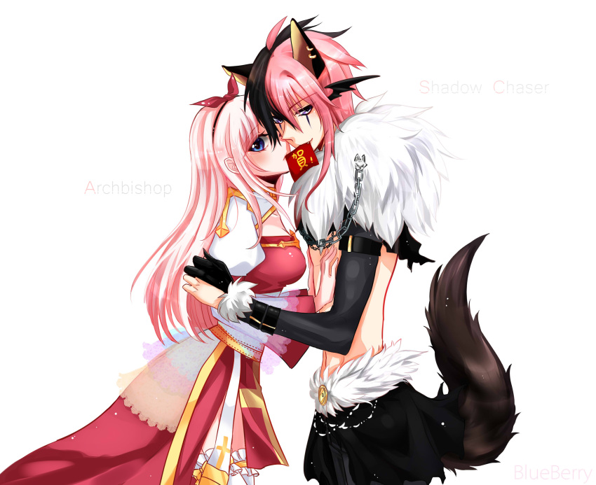 1boy 1girl ahoge animal_ear_piercing animal_ears arch_bishop_(ragnarok_online) bishounen black_cape black_eyeliner black_gloves black_hair black_wings blue_eyes blush breasts cape character_name cleavage_cutout clothing_cutout commentary_request cowboy_shot cross dress ear_wings earrings elbow_gloves eyeliner facepaint fang frilled_thighhighs frills gloves hair_between_eyes hands_on_another's_chest hands_on_another's_shoulder hetero highres hongbao jewelry juliet_sleeves lanmei_jiang long_bangs long_hair long_sleeves looking_at_viewer looking_to_the_side makeup medium_breasts multicolored_hair multiple_earrings open_mouth partially_fingerless_gloves pelvic_curtain pink_hair puffy_sleeves ragnarok_online red_dress shadow_chaser_(ragnarok_online) sidelocks smile split-color_hair tail thighhighs two-tone_dress variant_set waist_cape white_dress white_thighhighs wings wolf_boy wolf_ears wolf_tail