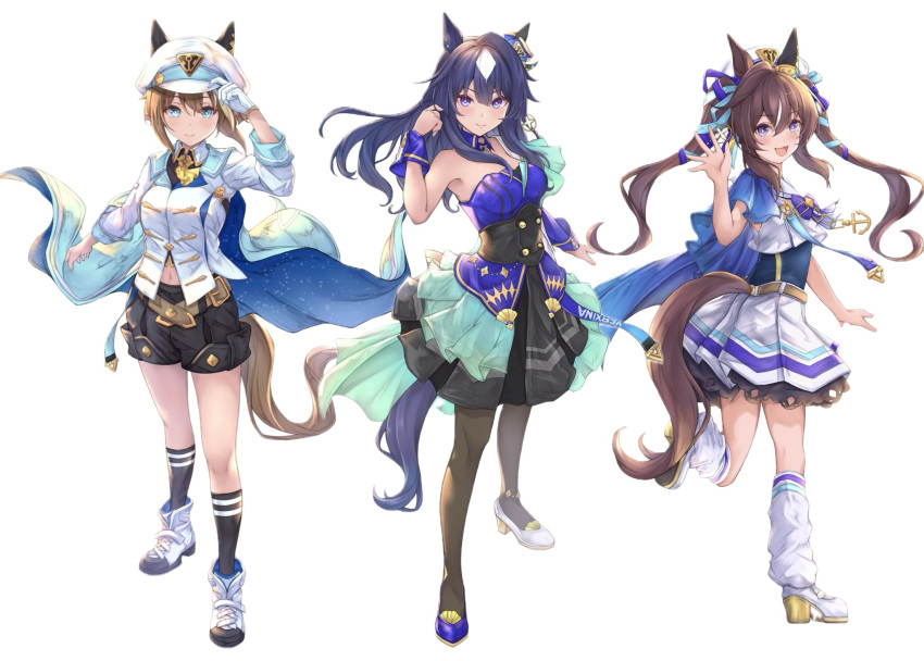 3girls :3 anchor_necklace animal_ears armpits asymmetrical_clothes belt black_footwear blue_bow blue_bowtie blue_capelet blue_eyes blue_hair blue_ribbon blush bow bowtie breasts brown_belt brown_hair cape capelet cheval_grand_(umamusume) cleavage closed_mouth commentary_request covered_navel dark_blue_hair ear_covers earrings from_side full_body gloves hair_between_eyes hair_ornament hair_ribbon hat high_heels highres horse_ears horse_girl horse_tail jewelry long_hair looking_at_viewer loose_socks medium_breasts medium_hair midriff_peek multicolored_hair multiple_girls navel necklace open_mouth pantyhose peperoncino-sama purple_eyes purple_hair ribbon sailor_collar sailor_shirt shirt shoes shorts siblings sidelocks simple_background single_ear_cover single_earring sisters skirt sleeveless sleeveless_shirt smile socks solo standing streaked_hair tail twintails umamusume uniform v_sisters verxina_(umamusume) vivlos_(umamusume) white_background white_hair white_shirt white_skirt white_socks