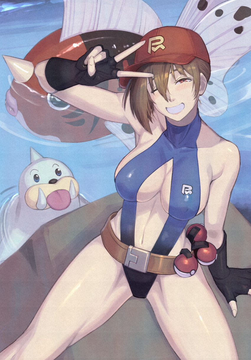 1girl absurdres arm_support asymmetrical_hair belt belt_buckle black_gloves blue_one-piece_swimsuit blush breasts brown_belt brown_hair buckle collarbone commentary_request fingerless_gloves gloves grin hat highres kikken misty_(pokemon) one-piece_swimsuit one_eye_closed poke_ball poke_ball_(basic) pokemon pokemon:_the_electric_tale_of_pikachu red_hat seaking seel short_hair sideboob sitting smile swimsuit teeth v water