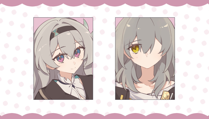 2girls black_hairband black_jacket collared_shirt cropped_jacket firefly_(honkai:_star_rail) grey_hair hair_between_eyes hairband highres honkai:_star_rail honkai_(series) jacket long_hair looking_at_viewer multiple_girls off_shoulder shirt smile stelle_(honkai:_star_rail) trailblazer_(honkai:_star_rail) two-tone_eyes upper_body white_shirt wisteria-nya yellow_eyes