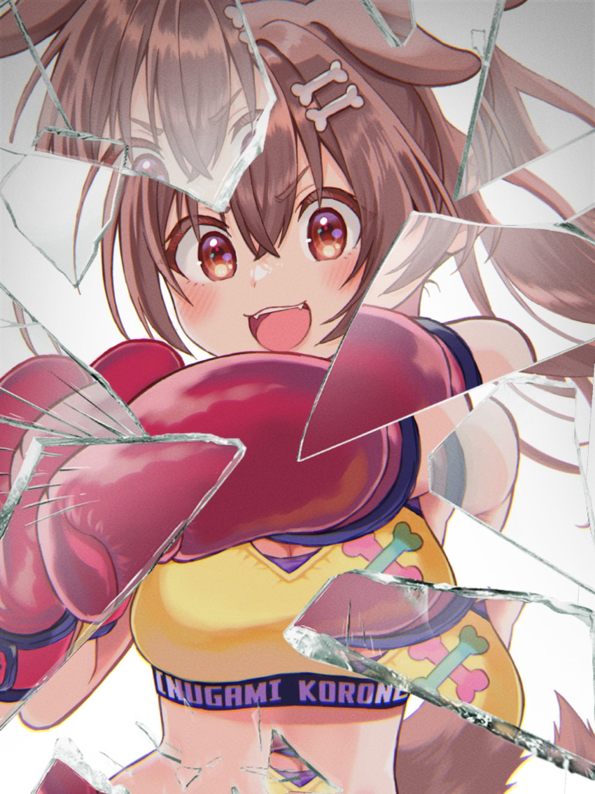 1girl :3 :d @-you_(you_2023_8_16) alternate_costume alternate_hairstyle animal_ears app_filter bone_hair_ornament boxing_gloves breasts brown_eyes brown_hair cartoon_bone character_name commentary dog_ears dog_girl dog_tail double-parted_bangs extra_ears fangs glass_shards gloves hair_between_eyes hair_ornament hairclip highres hololive inugami_korone large_breasts long_hair looking_at_viewer midriff ponytail punching red_gloves reflection shattered smile solo sports_bra straight-on tail teeth upper_body upper_teeth_only v-shaped_eyebrows virtual_youtuber yellow_sports_bra