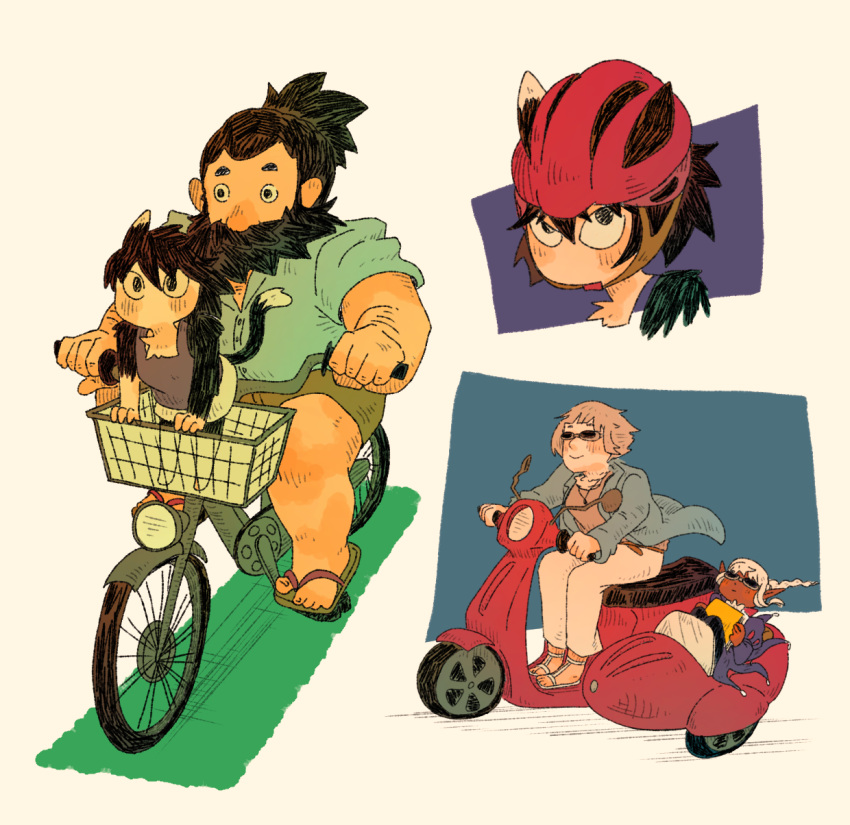 2boys 2girls beard bicycle black_hair blush_stickers brown_hair casual cat_girl character_request contemporary cutystuffy dark-skinned_male dark_skin driving dungeon_meshi dwarf facial_hair falin_touden goggles highres izutsumi looking_ahead multiple_boys multiple_girls on_motorcycle senshi_(dungeon_meshi) shorts thick_beard thick_mustache