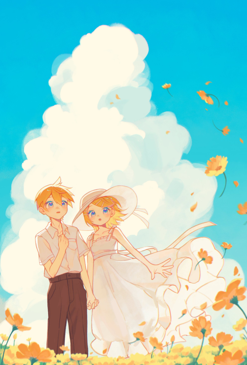 1boy 1girl absurdres ahoge bare_arms bare_shoulders blonde_hair blue_eyes blue_sky breasts brown_pants cloud collarbone collared_shirt dress eob field flower flower_field frilled_dress frills hair_ornament hair_ribbon hairclip hand_on_own_chest hat highres holding_hands kagamine_len kagamine_rin medium_hair open_mouth pants petals ribbon shirt short_hair short_sleeves sky small_breasts solo sun_hat sundress surprised swept_bangs vocaloid white_dress white_hat white_shirt wind yellow_flower