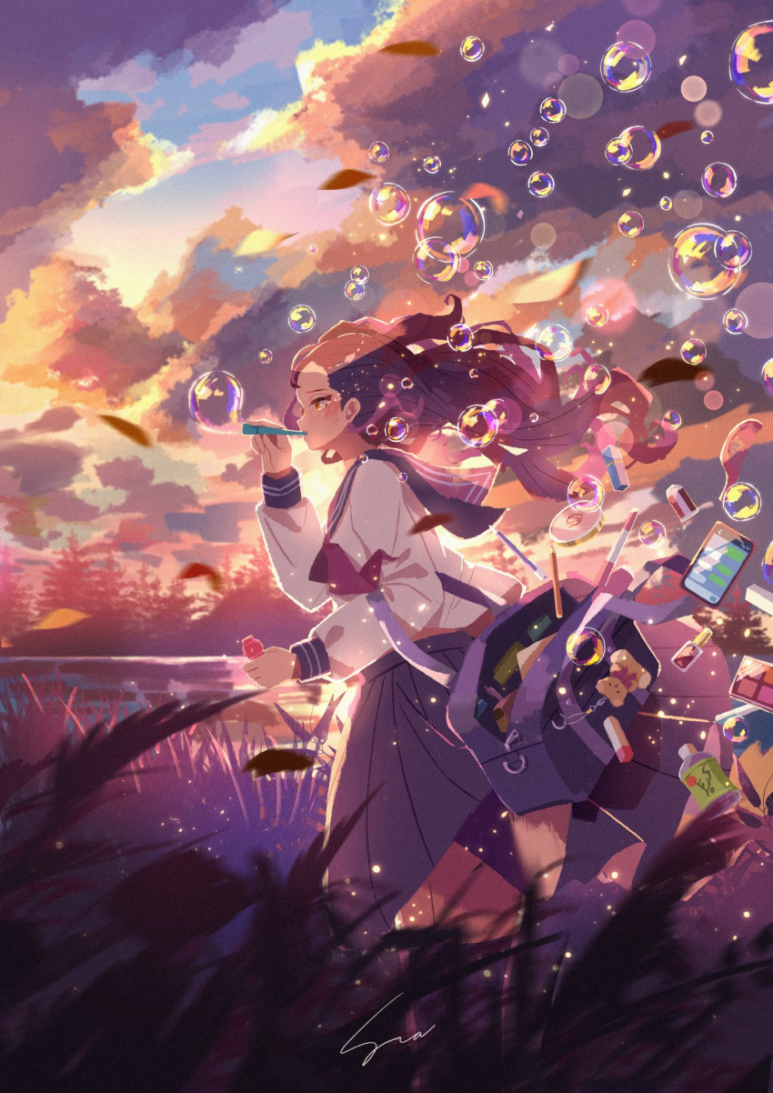 1girl atelier_umiyury bag blowing_bubbles blue_sailor_collar blue_skirt blush brown_hair bubble cellphone cloud cloudy_sky commentary cosmetics eraser from_side grass highres holding long_hair long_sleeves neckerchief open_bag original outdoors pencil phone pleated_skirt red_neckerchief running sad sailor_collar school_bag school_uniform serafuku signature skirt sky solo sunset tears water wind