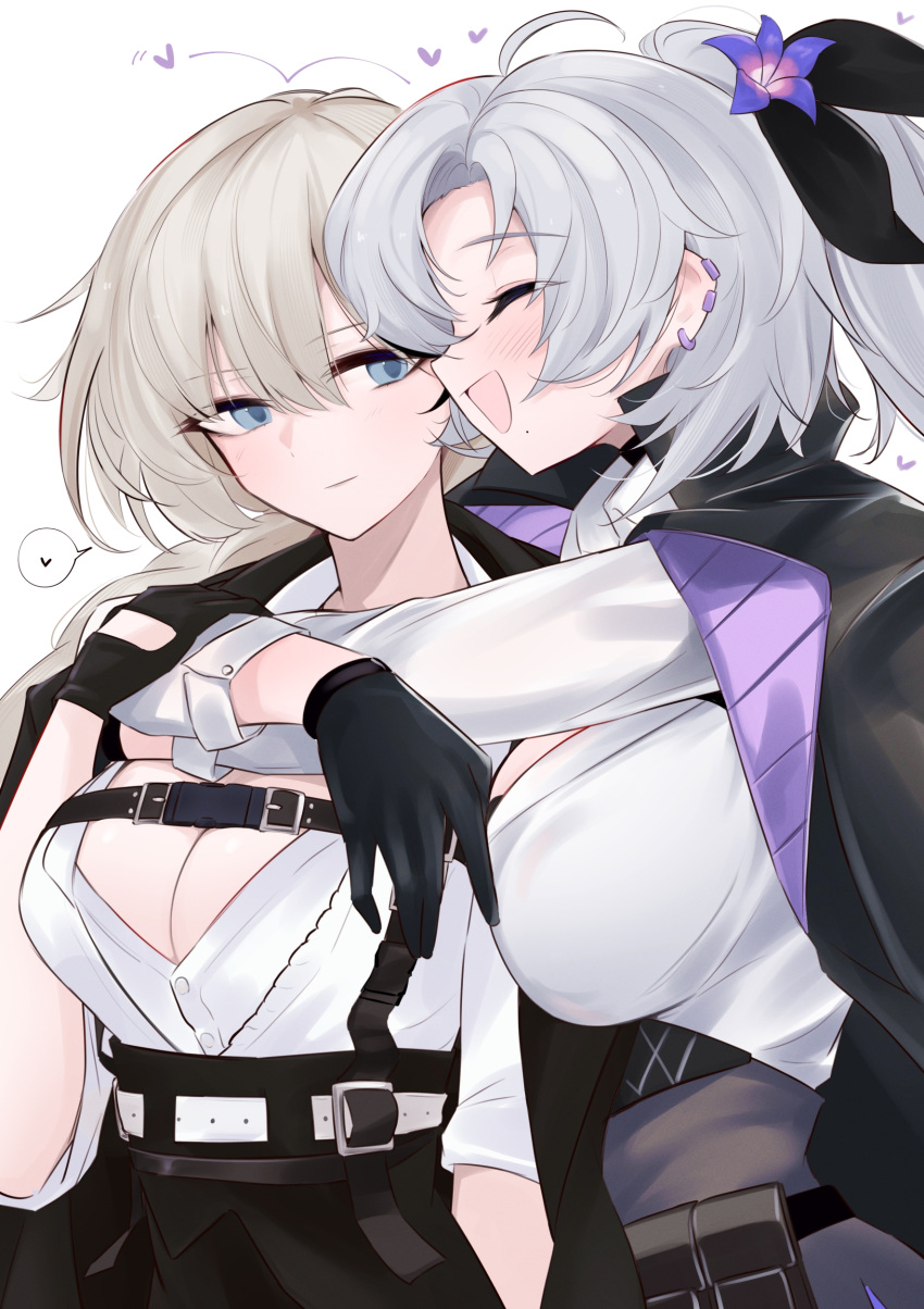 2girls absurdres apc556_(girls'_frontline) apc9k_(girls'_frontline) belt black_gloves blue_eyes blush breasts cleavage closed_eyes closed_mouth flower girls'_frontline gloves hair_flower hair_ornament hair_ribbon heart highres hug large_breasts multiple_girls ohichi16 ribbon shirt smile upper_body white_hair white_shirt yuri