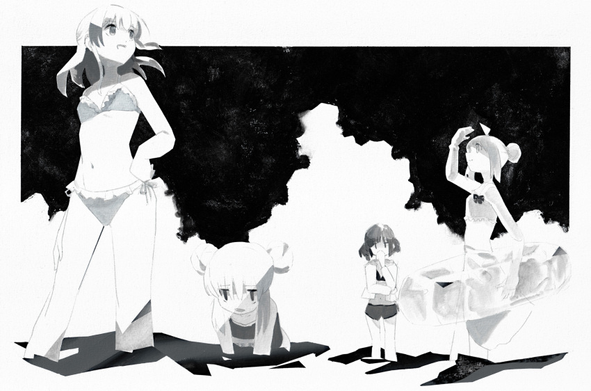 4girls ahoge bikini bocchi_the_rock! breasts closed_mouth cloud commentary_request double_bun gotoh_hitori greyscale hair_bun hair_up highres ijichi_nijika jacket kita_ikuyo kushima_yu long_hair monochrome multiple_girls navel ocean open_mouth outdoors shade shading_eyes side-tie_bikini_bottom small_breasts smile swimsuit wading yamada_ryo