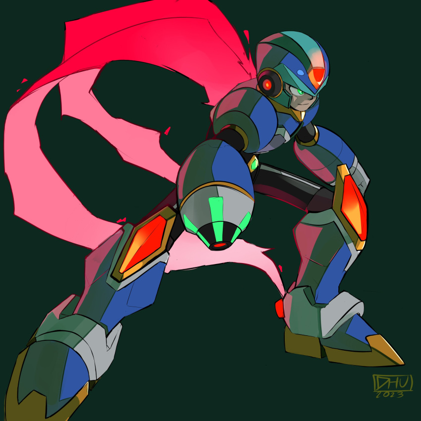 1boy android arm_cannon armor blue_armor blue_footwear blue_helmet boots cape danyhu16 dark_background energy_cape forehead_jewel full_body glowing green_background green_eyes helmet highres holographic_clothing male_focus mega_man_(series) mega_man_x:_command_mission mega_man_x_(series) new_armor_x_(mega_man) red_cape simple_background solo weapon x_(mega_man) x_buster