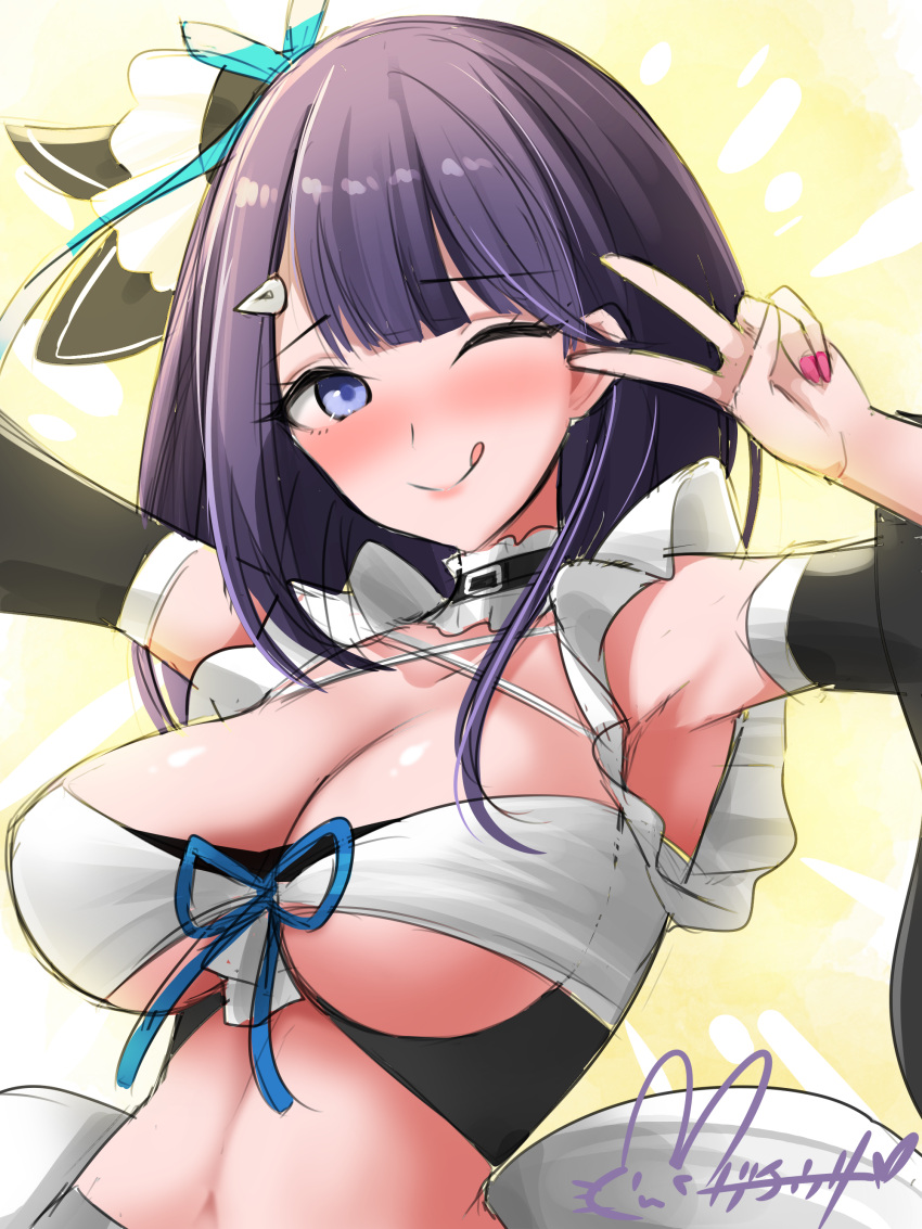 1girl absurdres arm_up armpits azur_lane blue_eyes blush breasts choker cleavage closed_mouth collarbone detached_sleeves elbow_gloves gloves hair_ornament hair_ribbon hairclip highres hisin large_breasts liverpool_(azur_lane) long_hair looking_at_viewer maid midriff navel one_eye_closed purple_hair ribbon signature smile solo stomach tongue tongue_out v