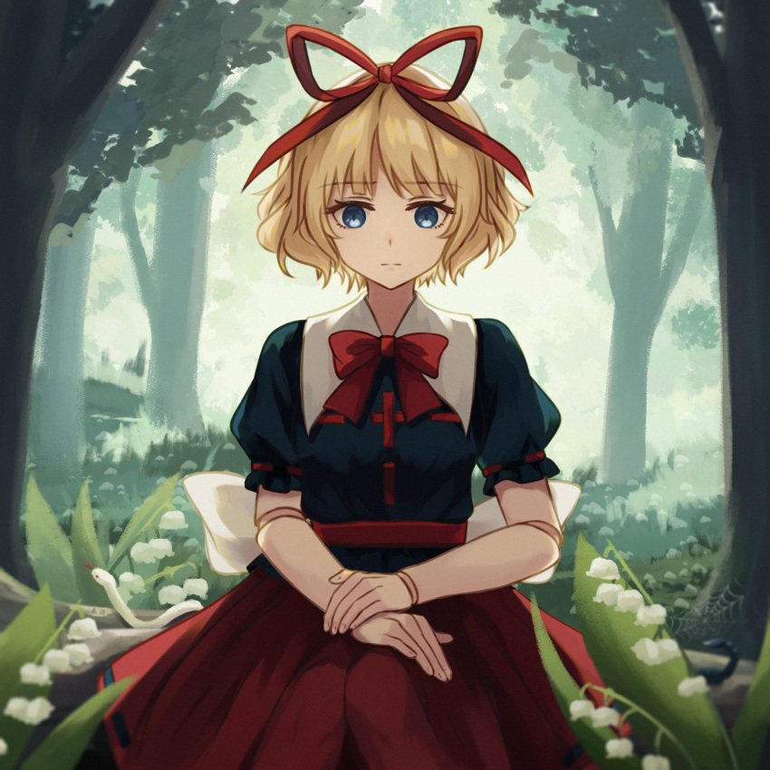 1girl back_bow black_shirt blonde_hair blue_eyes bow bowtie chunjiu collared_shirt doll empty_eyes expressionless flower forest grass hair_ribbon hands_on_own_knees highres looking_down medicine_melancholy nature outdoors pantyhose puffy_short_sleeves puffy_sleeves red_bow red_bowtie red_pantyhose red_ribbon red_skirt ribbon shirt shirt_tucked_in short_hair short_sleeves silk sitting skirt snake spider_web sunlight touhou underbust wavy_hair white_bow white_flower white_snake