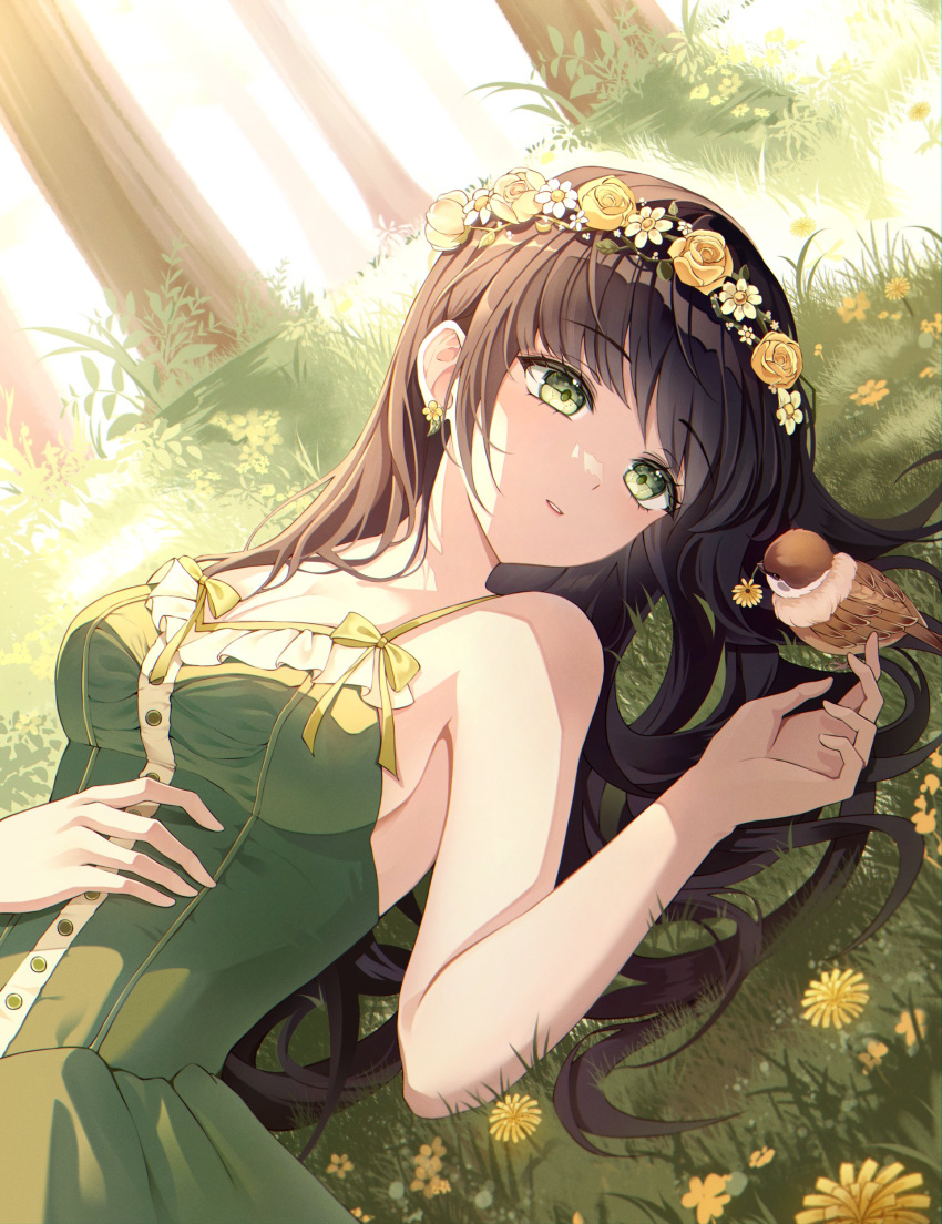 1girl absurdres bird brown_hair caron copyright_request dress green_dress green_eyes hand_on_own_stomach head_wreath highres looking_at_another lying on_back on_grass on_ground