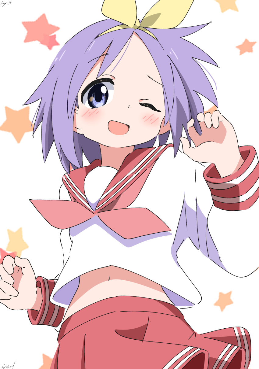 1girl absurdres blush commentary_request cynical_(llcbluckg_c004) english_text hairband highres hiiragi_tsukasa long_sleeves looking_at_viewer lucky_star medium_hair midriff_peek navel neckerchief one_eye_closed open_mouth purple_eyes purple_hair red_neckerchief red_sailor_collar red_skirt ryouou_school_uniform sailor_collar school_uniform serafuku shirt signature simple_background skirt smile solo star_(symbol) upper_body white_background white_shirt yellow_hairband