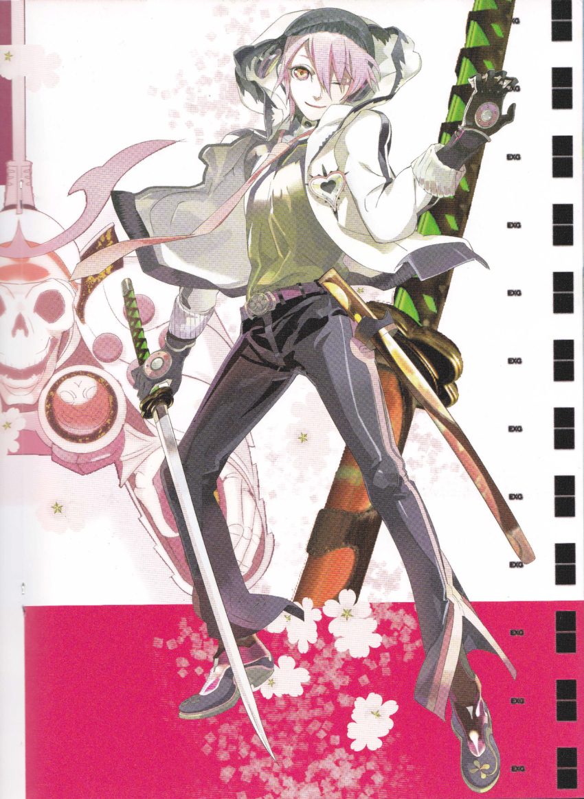 1boy 66_(roro) artist_request belt black_gloves black_pants closed_mouth floating_clothes floating_neckwear flower full_body gloves green_shirt headphones highres holding holding_sword holding_weapon hood hooded_jacket jacket katana leather leather_pants long_sleeves looking_at_viewer necktie official_art one_eye_closed pants pink_belt pink_hair projected_inset red_necktie scabbard scan sheath sheathed shirt shirt_tucked_in shoes smile solo standing sword third-party_source unsheathed vocaloid vy2 weapon white_jacket yellow_eyes