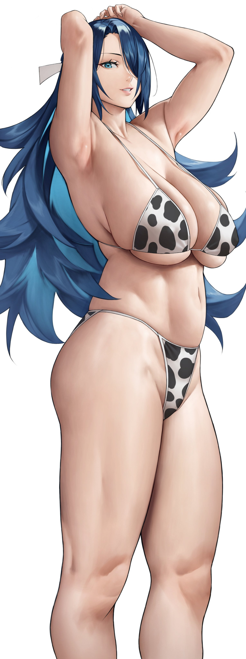 1girl absurdres animal_print armpits arms_up azuma_fubuki bikini blue_eyes blue_hair breasts commentary cow_print cow_print_bikini curvy feet_out_of_frame from_side hair_over_one_eye highres large_breasts long_hair looking_at_viewer mato_seihei_no_slave mature_female navel parted_lips print_bikini simple_background skindentation smile solo standing string_bikini swimsuit thick_thighs thighs white_background yoshio_(55level)