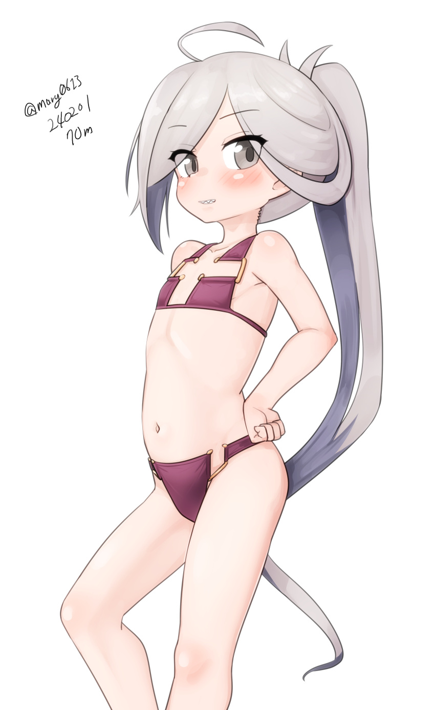 1girl absurdres ahoge aqua_bow asashimo_(kancolle) bikini bow dated feet_out_of_frame flat_chest florida_bikini grey_eyes grey_hair highres kantai_collection looking_at_viewer maru_(marg0613) one-hour_drawing_challenge ponytail purple_bikini solo standing swimsuit