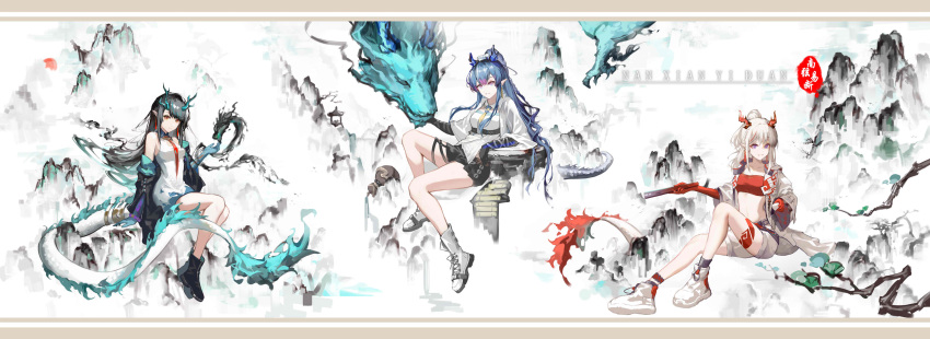 3girls absurdres arknights arm_support bandeau bare_legs black_footwear black_hair black_jacket black_shorts blue_hair blue_skin boots border chinese_commentary colored_skin commentary_request dragon dragon_girl dragon_horns dragon_tail dress dusk_(arknights) earrings eastern_dragon folding_fan full_body green_hair green_skirt hand_fan hand_up high_ponytail highres holding holding_fan horns jacket jewelry ling_(arknights) long_hair multiple_girls nanxianyiduan necktie nian_(arknights) off_shoulder ponytail purple_eyes red_bandeau red_eyes red_necktie red_skin shirt shoes shorts siblings sidelocks sisters sitting skirt sneakers tail tassel tassel_earrings watermark wavy_hair white_dress white_footwear white_shirt white_shorts yellow_necktie