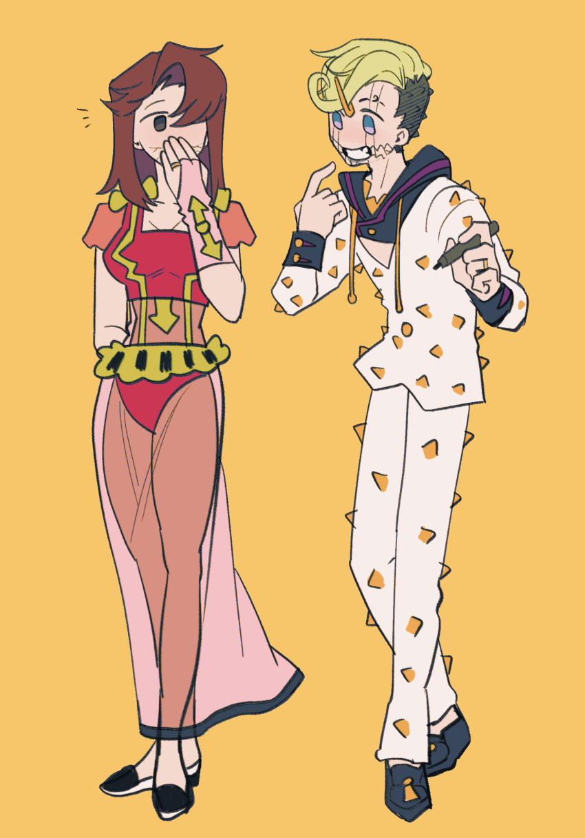 1boy 1girl blue_eyes brown_hair couple covering_own_mouth cracked_skin drawing_on_own_face facial_mark green_hair higashikata_jobin higashikata_mitsuba highres husband_and_wife jewelry jojo_no_kimyou_na_bouken jojolion marker notice_lines pointing pointing_at_self ring spikes swampland wedding_ring yellow_background