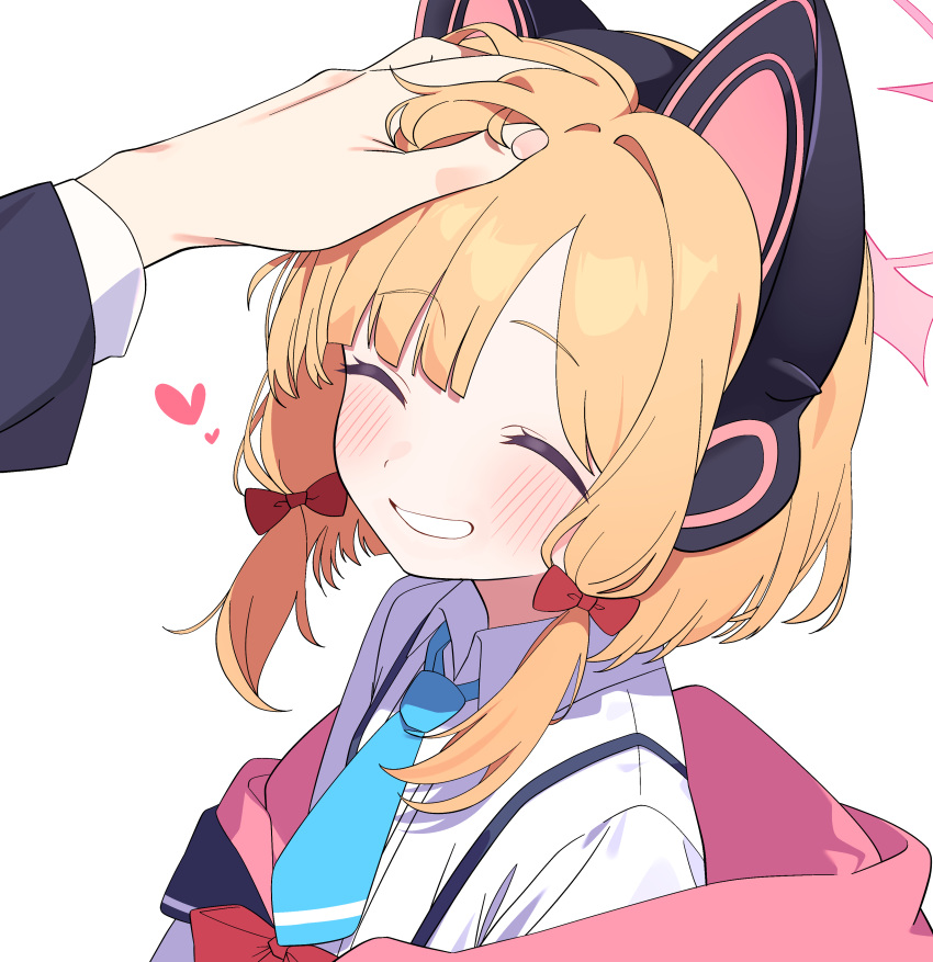 1boy 1girl ^_^ absurdres animal_ear_headphones animal_ears aqua_necktie blonde_hair blue_archive blush bow cat_ear_headphones cat_ears closed_eyes fake_animal_ears hair_bow halo hand_on_another's_head headphones heart hetero highres hiroikara_(smhong04) hood hooded_jacket jacket momoi_(blue_archive) necktie out_of_frame sensei_(blue_archive) shirt sidelocks simple_background smile solo_focus upper_body white_background white_shirt