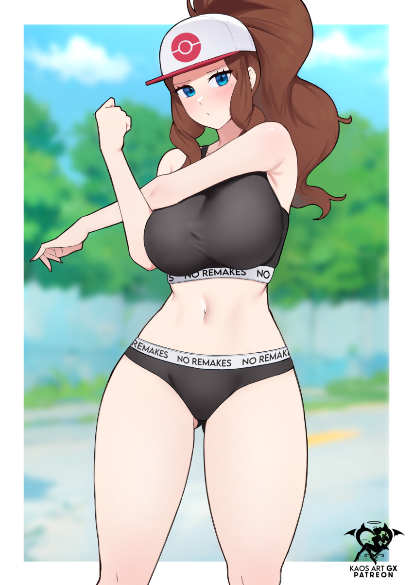 1girl artist_logo baseball_cap black_panties black_sports_bra blue_eyes blurry blurry_background border breasts brown_hair cowboy_shot crossed_arms day hat high_ponytail highres hilda_(pokemon) kaos_art large_breasts long_hair looking_at_viewer navel outdoors panties pokemon pokemon_bw sidelocks solo sports_bra standing stomach stretching thighs underwear wavy_hair white_border