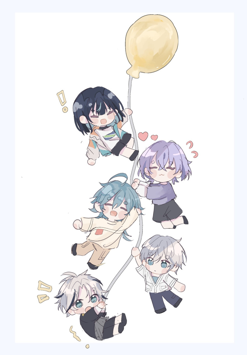 4piece_(ensemble_stars!) 5boys aqua_eyes aqua_hair balloon black_hair blue_border blue_hair border chibi closed_eyes closed_mouth ensemble_stars! expressionless grey_hair hanamura_fuyume highres hojo_raika holding holding_balloon long_hair male_focus multicolored_hair multiple_boys natsu_kanna open_mouth purple_hair sagiri_esu sere_(_h11r_agi) short_hair simple_background taki_ibuki white_background white_hair