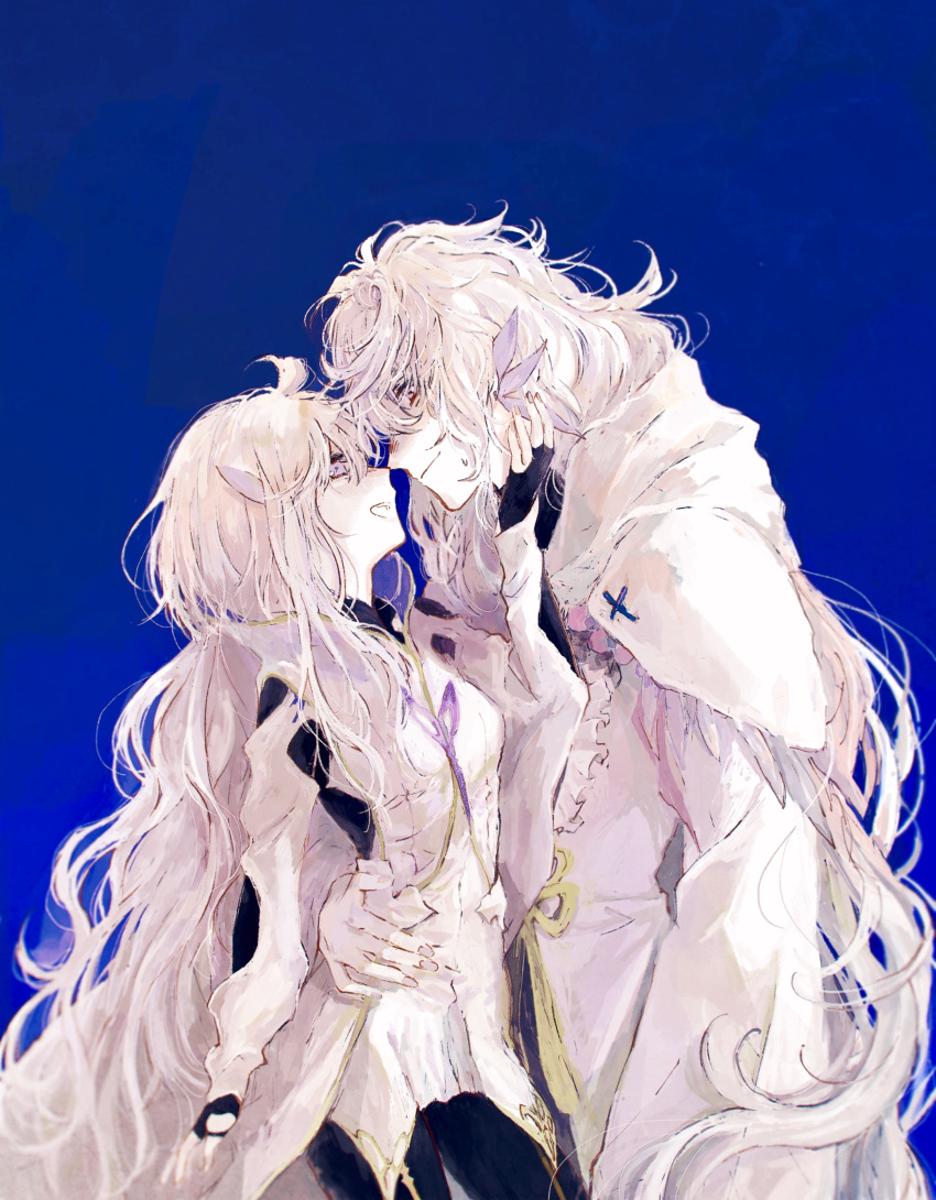 1boy 1girl absurdres blue_background closed_mouth fate/grand_order fate_(series) fuwafuwa_no_inu hand_on_another's_face hand_on_another's_hip highres hood hood_down long_hair looking_at_another merlin_(fate) merlin_(fate/prototype) messy_hair open_mouth purple_eyes robe simple_background sweat very_long_hair white_hair white_robe