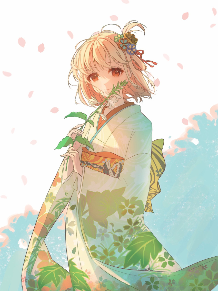 1girl blonde_hair closed_mouth commentary day english_commentary falling_petals floral_print green_kimono highres holding holding_plant japanese_clothes kimono looking_at_viewer lycoris_recoil medium_hair nishikigi_chisato obi one_side_up outdoors petals plant print_kimono red_eyes rokilly sash smile solo