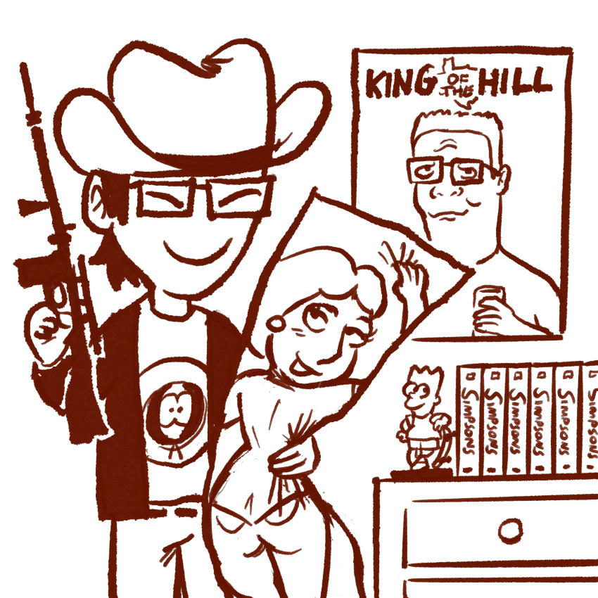 ass atomiksaico bart_simpson dakimakura_(object) dvd_case family_guy glasses hank_hill happy hat highres holding holding_weapon kenny_mccormick king_of_the_hill lois_griffin original otaku otaku_room parody pillow poster_(object) smile south_park standing the_simpsons weapon