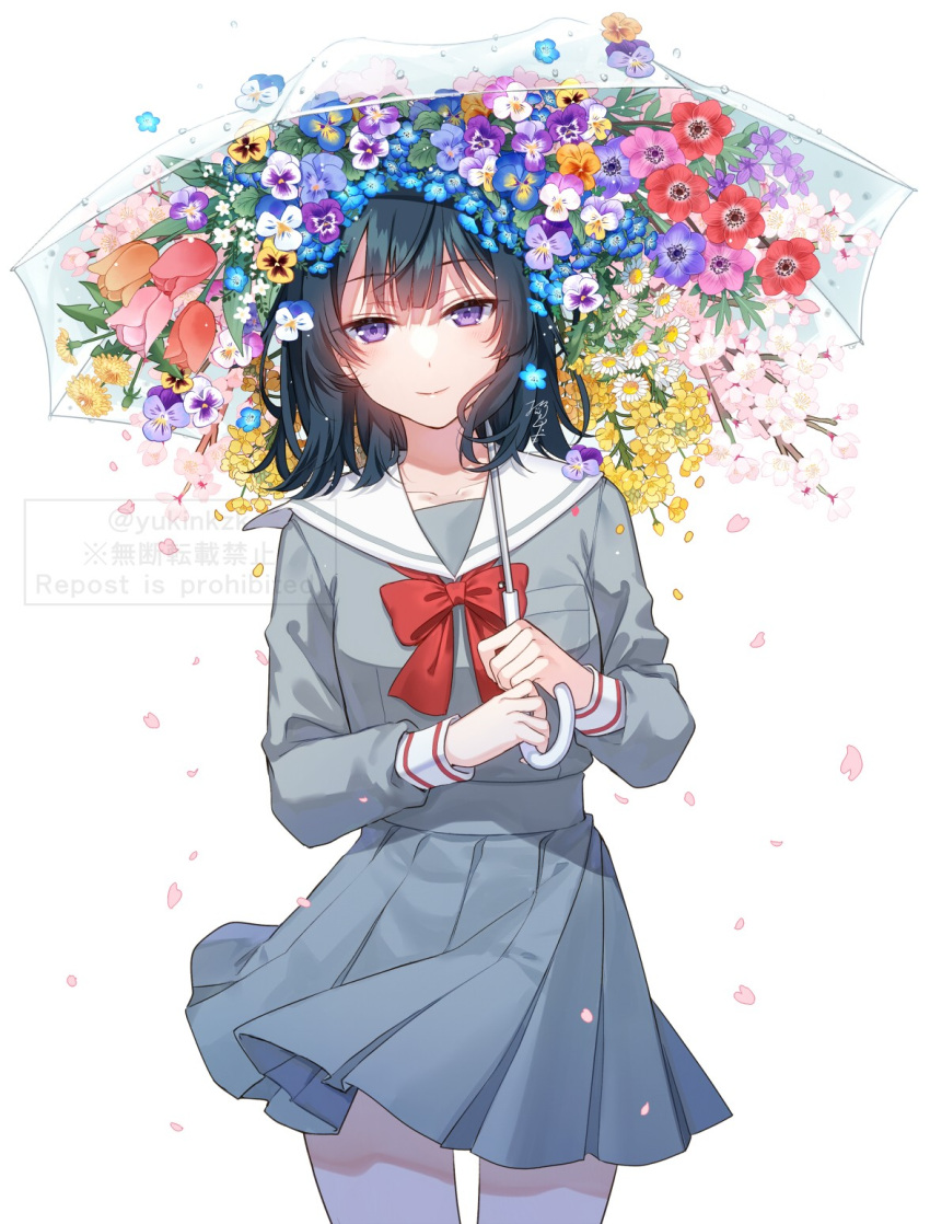 1girl black_hair blue_flower bow breasts brown_flower closed_mouth commentary_request english_text flower grey_serafuku grey_shirt grey_skirt highres holding holding_umbrella looking_at_viewer nekozuki_yuki original petals pink_flower pleated_skirt purple_eyes purple_flower red_bow red_flower sailor_collar school_uniform serafuku shirt simple_background skirt small_breasts smile solo standing transparent transparent_umbrella tulip twitter_username umbrella watermark white_background white_flower white_sailor_collar yellow_flower