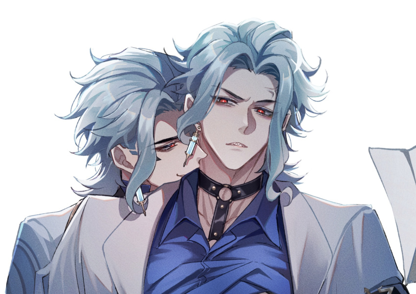 2boys anger_vein black_choker blue_hair blue_shirt chinese_commentary choker coat collared_shirt commentary_request dottore_(genshin_impact) dual_persona earrings frown genshin_impact highres jewelry lab_coat lapels looking_at_another male_focus mojiuxuan multiple_boys o-ring o-ring_choker open_clothes open_coat parted_bangs parted_lips red_eyes selfcest sharp_teeth shirt short_hair sidelocks simple_background single_earring smile teeth upper_body v-shaped_eyebrows white_background white_coat wing_collar yaoi