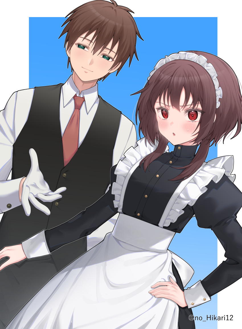 1boy 1girl absurdres ai-nohikari alternate_costume apron black_dress black_vest blue_background blush brown_hair collared_shirt dress enmaided frilled_apron frills gloves green_eyes hand_on_own_hip heart highres juliet_sleeves kono_subarashii_sekai_ni_shukufuku_wo! long_sleeves looking_at_viewer maid maid_apron maid_headdress megumin necktie puffy_sleeves red_eyes red_necktie satou_kazuma shirt short_hair twitter_username two-tone_background vest waist_apron white_apron white_background white_gloves white_shirt