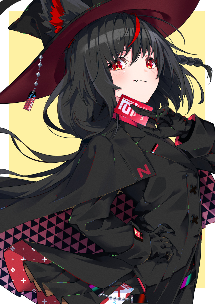 1girl absurdres animal_ear_fluff animal_ears black_cape black_gloves black_hair black_jacket black_skirt braid cape card commentary_request ears_through_headwear fang fox_ears fox_girl gloves hair_between_eyes hand_on_own_hip highres hiyashinssu holding holding_card hololive jacket kurokami_fubuki long_hair looking_at_viewer multicolored_hair red_eyes red_hair sidelocks single_braid skin_fang skirt solo streaked_hair virtual_youtuber