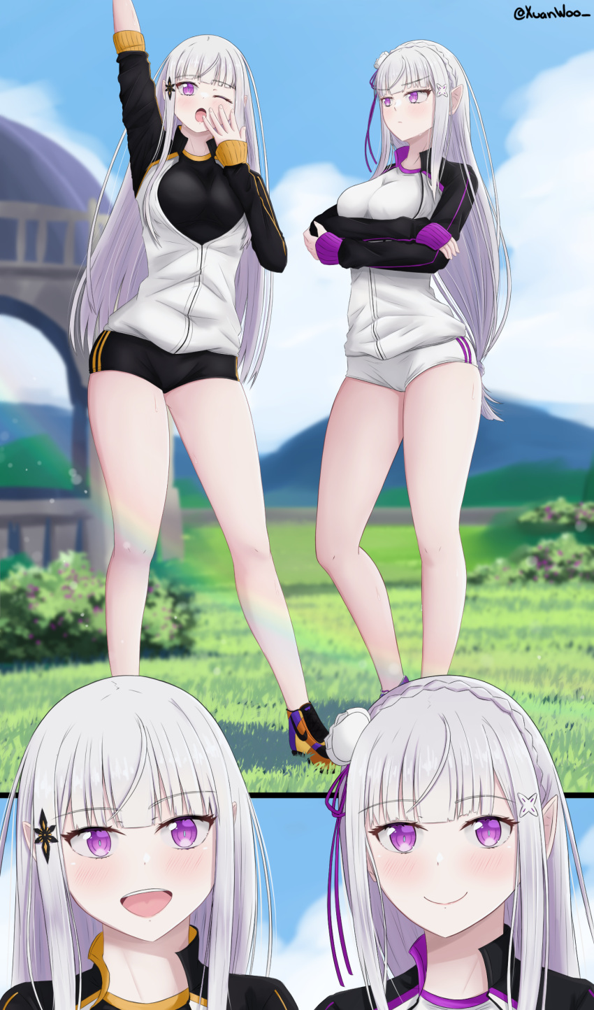 2girls absurdres annoyed arm_up arms_under_breasts black_buruma blue_sky blush braid breasts buruma close-up cloud commission covering_own_mouth crossed_arms crown_braid eennee elf emilia_(re:zero) flower gazebo grass grey_hair gym_uniform hair_flower hair_ornament hair_ribbon highres jacket large_breasts long_hair looking_at_viewer mountain multiple_girls open_mouth outdoors pointy_ears purple_eyes purple_ribbon re:zero_kara_hajimeru_isekai_seikatsu ribbon rose satella_(re:zero) shirt sky smile stretching thighs track_jacket white_flower white_hair white_rose x_hair_ornament yawning