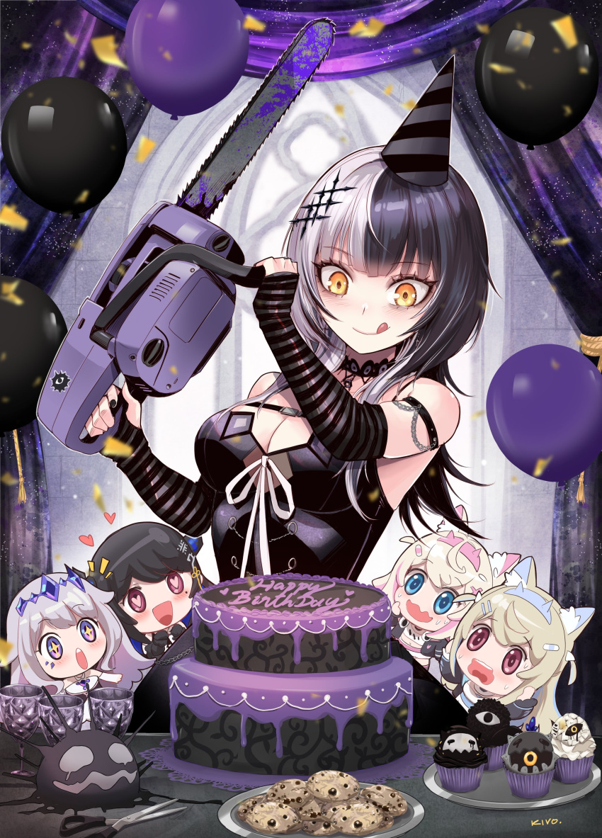 +_+ 5girls :q absurdres animal_ears artist_name balloon bare_shoulders birthday_cake birthday_party black_hair blonde_hair blue_eyes breasts cake chainsaw chibi chibi_inset cleavage confetti cookie cup dress english_commentary excited food fuwawa_abyssgard grey_hair hair_ornament hat heart heart-shaped_pupils highres holding holding_chainsaw hololive hololive_english horns indoors kivo koseki_bijou long_hair looking_at_another looking_at_food looking_at_object medium_breasts mococo_abyssgard multicolored_hair multiple_girls nerissa_ravencroft nervous party_hat plate red_eyes scissors shiori_novella shiori_novella_(1st_costume) smile split-color_hair sweat symbol-shaped_pupils table tongue tongue_out virtual_youtuber wavy_mouth yellow_eyes yorick_(shiori_novella)