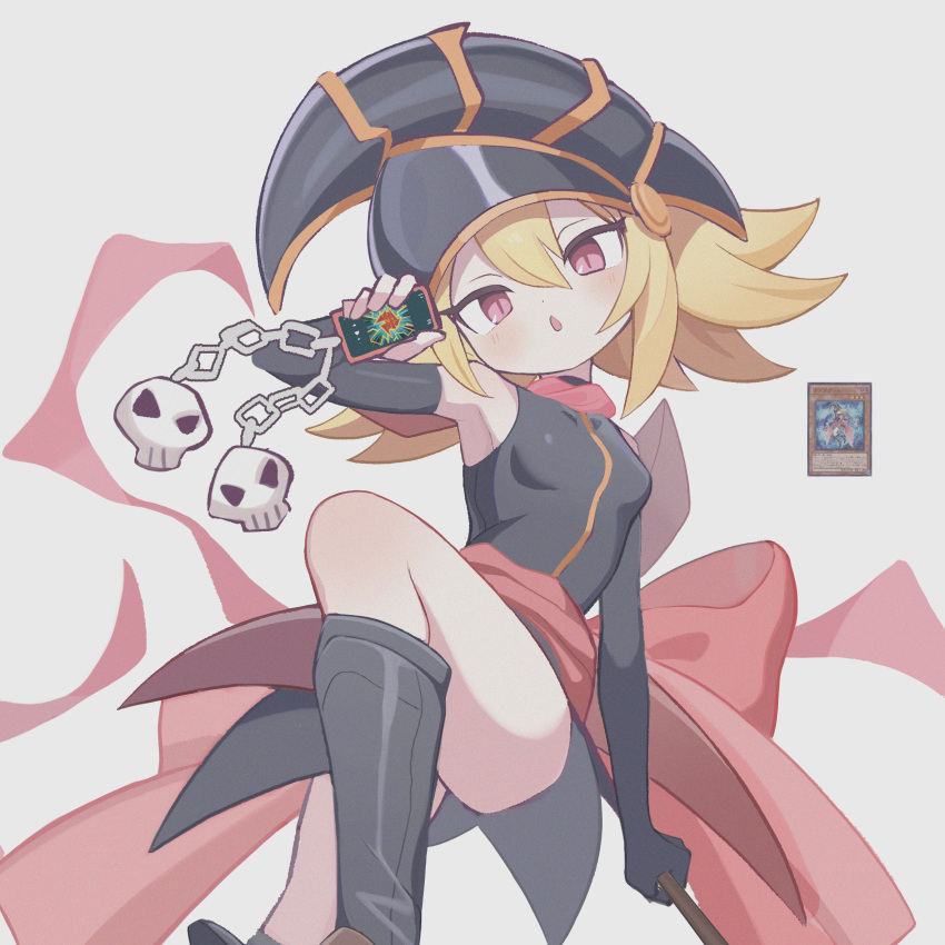 1girl absurdres aged_down atat250 bare_legs bare_shoulders black_footwear blonde_hair breasts chain charm_(object) duel_monster gagaga_girl hat highres holding leg_up looking_at_viewer open_mouth phone pink_scarf red_eyes scarf simple_background skull_ornament small_breasts solo witch_hat yu-gi-oh! yu-gi-oh!_zexal