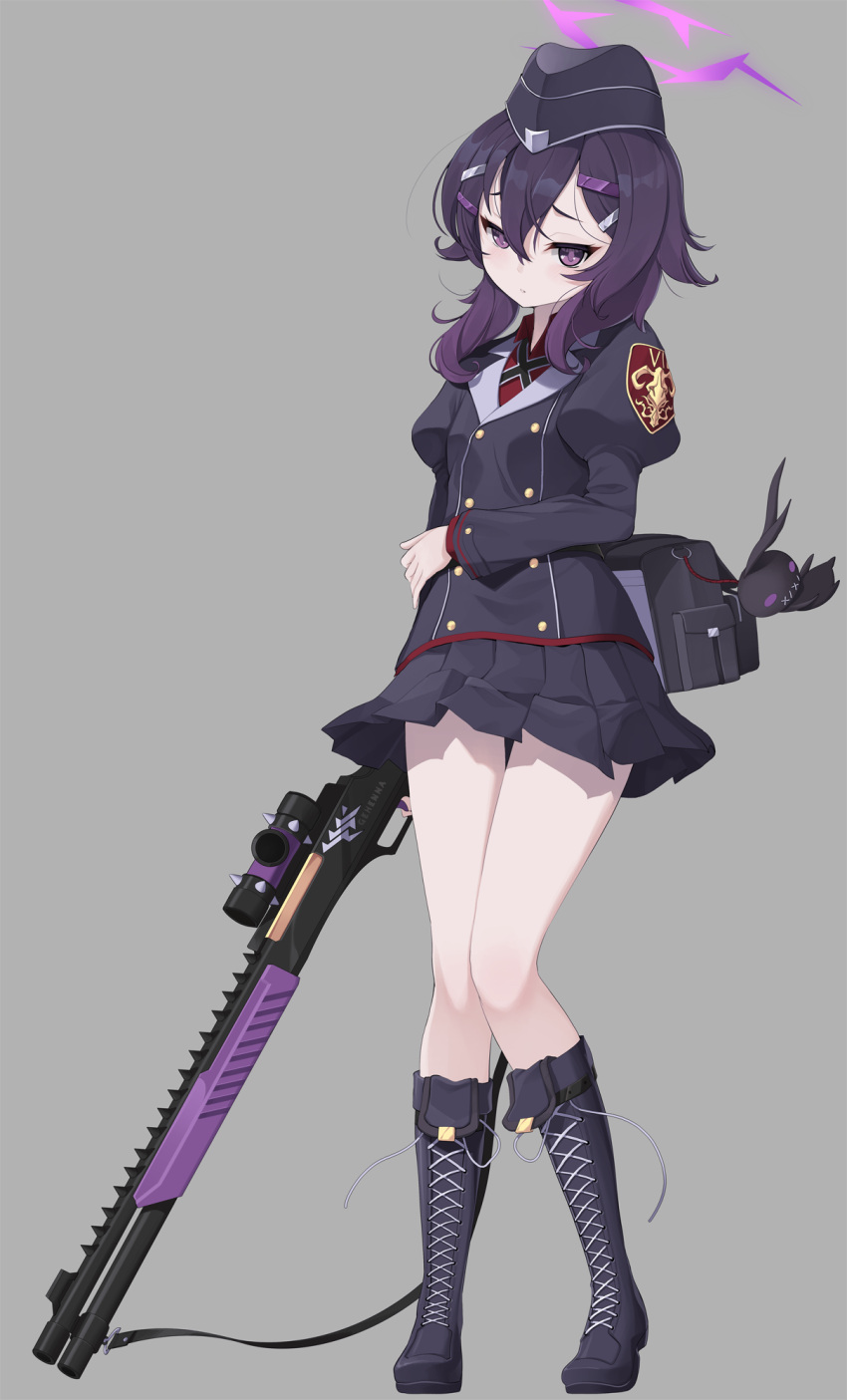 1girl black_footwear black_hat black_jacket black_skirt blue_archive boots closed_mouth commentary_request cross-laced_footwear fp6 full_body garrison_cap grey_background gun hair_between_eyes hair_ornament hairclip halo haruka_(blue_archive) hat highres holding holding_gun holding_weapon jacket juliet_sleeves koflif lace-up_boots long_hair long_sleeves looking_at_viewer pleated_skirt puffy_sleeves purple_eyes purple_hair red_shirt shirt simple_background skirt solo weapon