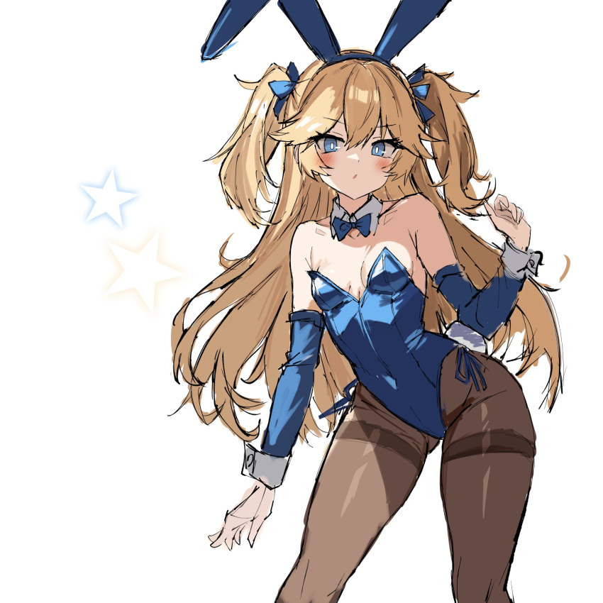 1girl alternate_costume animal_ears bare_shoulders blonde_hair blue_bow blue_eyes bow breasts cowboy_shot cuffs girls'_frontline highres pantyhose playboy_bunny r_scrubed rabbit_ears sketch solo standing super-shorty_(girls'_frontline) twintails