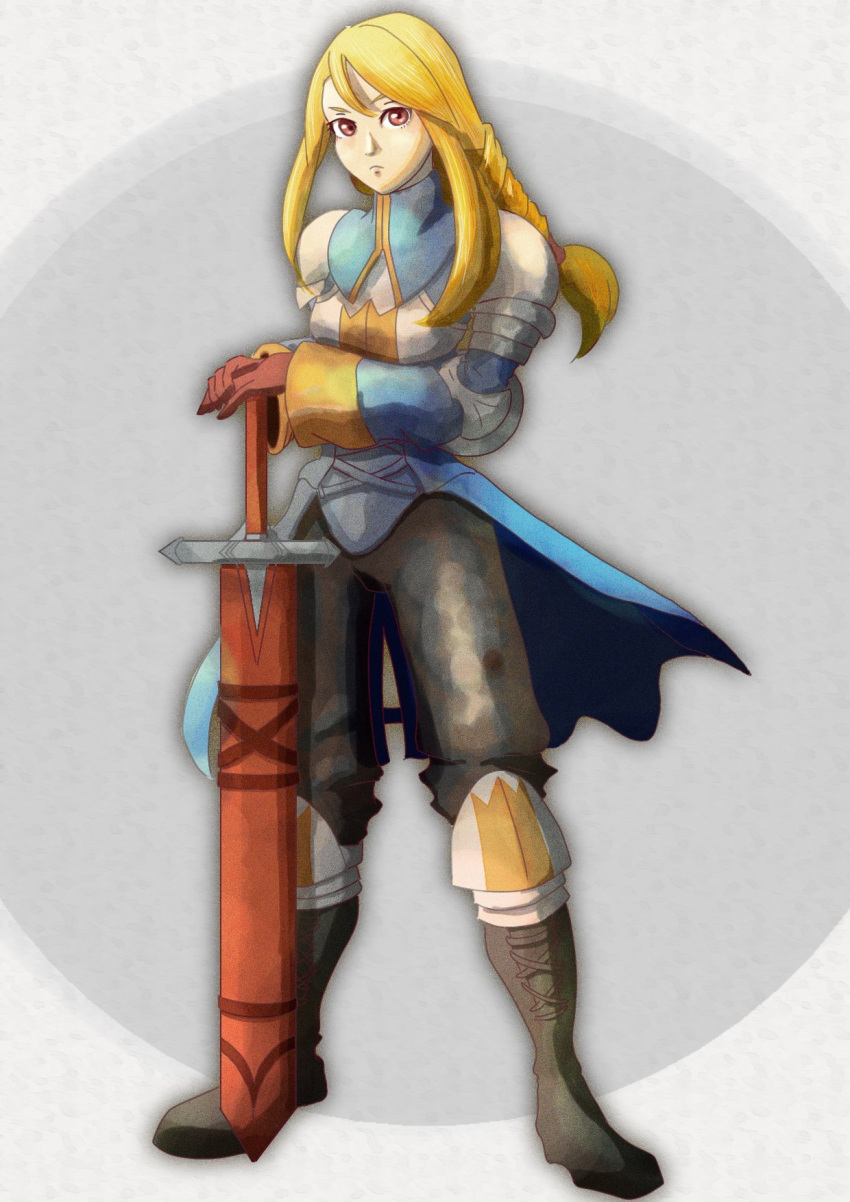 1girl agrias_oaks armor black_pants blonde_hair braid breastplate brown_eyes brown_gloves elbow_gloves final_fantasy final_fantasy_tactics full_body gloves highres holding holding_weapon knee_pads looking_at_viewer nose pants satori_ill solo sword weapon