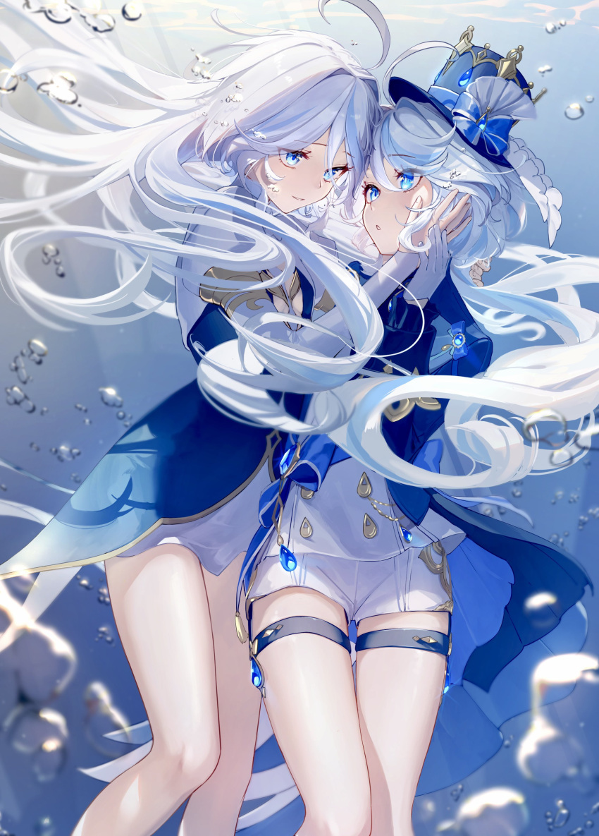 2girls :d :o absurdres ahoge air_bubble aqua_eyes blue_background blue_brooch blue_dress blue_gemstone blue_hair blue_hat blue_skirt bow bubble dress drop-shaped_pupils dual_persona flat_chest floating_hair focalors_(genshin_impact) freediving furina_(genshin_impact) gem genshin_impact gloves hand_on_another's_face hand_on_another's_hand hat heterochromia highres imasaki_kei in_water leg_belt light_blue_hair looking_at_another mismatched_pupils multiple_girls skirt smile symbol-shaped_pupils thighs top_hat underwater white_gloves yuri