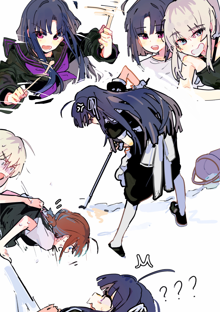 3girls ? ?? absurdres ahoge awa_subaru black_dress black_hair black_sailor_collar black_shirt black_sweater_vest blush broom brown_hair commentary dress drumsticks girls_band_cry grey_eyes grey_hair hair_ribbon highres holding holding_broom holding_drumsticks iseri_nina kawaragi_momoka long_hair long_sleeves looking_at_viewer low_twintails maid multiple_girls multiple_views neckerchief nervous_sweating open_mouth pantyhose parted_bangs puffy_short_sleeves puffy_sleeves purple_eyes purple_neckerchief ribbon sailor_collar school_uniform serafuku shirt short_sleeves short_twintails sidelocks sleeveless sleeveless_dress sweat sweater_vest twintails white_pantyhose white_ribbon white_shirt ydpfa