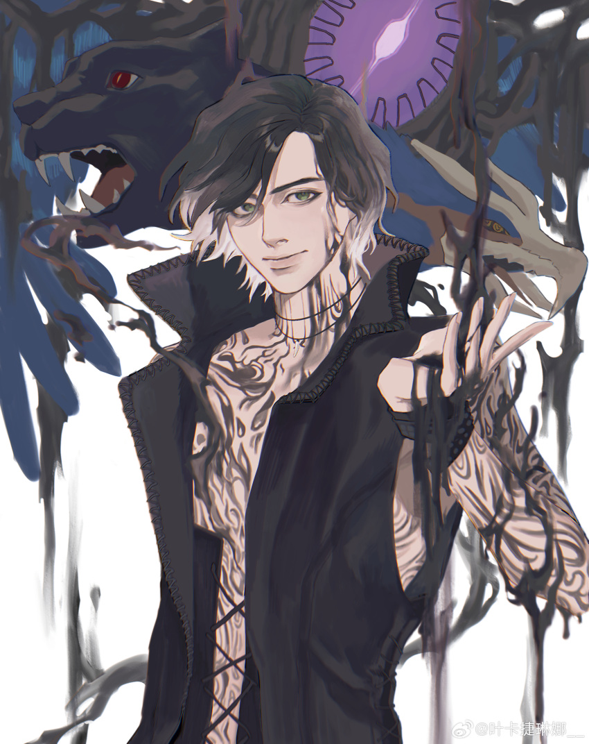 1boy absurdres arm_tattoo bare_shoulders black_coat black_gloves black_hair black_panther closed_mouth coat devil_may_cry_(series) devil_may_cry_5 fingerless_gloves gloves griffon_(devil_may_cry_5) hand_tattoo highres holding jewelry leopard male_focus necklace nightmare_(devil_may_cry) shadow_(devil_may_cry_5) sleeveless sleeveless_coat smile solo tattoo tooth_necklace v_(devil_may_cry)