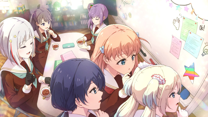 6+girls :3 :o aqua_eyes aqua_neckerchief black_gloves blonde_hair blue_eyes blue_hair blue_ribbon board_eraser bob_cut brown_dress brown_hair chair closed_eyes closed_mouth clubroom commentary_request crossed_bangs cup dark_blue_hair diagonal_bangs dress fang flower folding_chair from_above fujishima_megumi gloves gradient_hair grey_hair hair_bun hair_flower hair_ornament hair_ribbon half_gloves hasu_no_sora_school_uniform highres hinoshita_kaho holding holding_cup in-universe_location indoors inverted_bob light_blue_hair light_particles link!_like!_love_live! lone_nape_hair long_hair long_sleeves looking_at_object love_live! low_twintails magnet marker medium_hair morita49c multicolored_hair multiple_girls murano_sayaka neckerchief notebook ok_sign on_chair open_mouth orange_hair origami osawa_rurino otomune_kozue parted_bangs pink_flower pleated_dress purple_eyes purple_hair rabbit_hair_ornament red_flower red_hair red_neckerchief refrigerator_magnet ribbon sailor_collar sailor_dress school_uniform short_hair side_ponytail sidelocks single_side_bun sitting smile star_(symbol) star_hair_ornament streaked_hair tea teacup twintails two_side_up virtual_youtuber white_flower white_sailor_collar whiteboard winter_uniform yugiri_tsuzuri