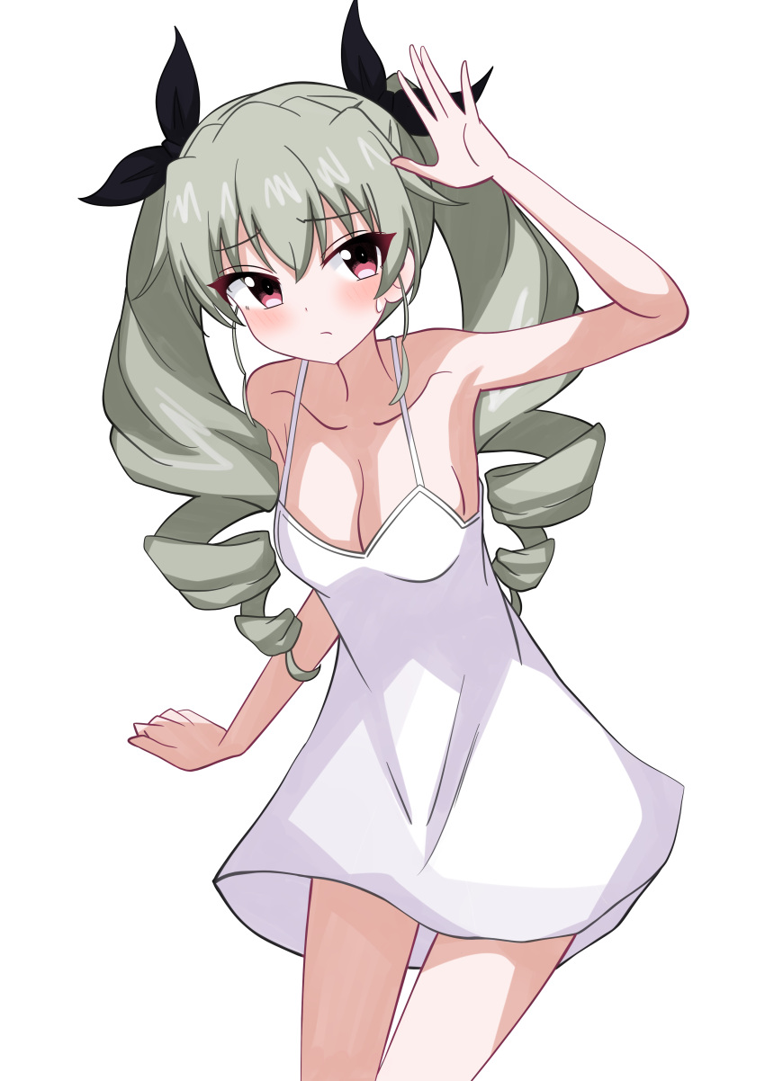 1girl absurdres anchovy_(girls_und_panzer) black_ribbon blush breasts cleavage closed_mouth commentary cowboy_shot dress drill_hair frown girls_und_panzer green_hair hair_ribbon highres leaning_forward long_hair looking_at_viewer medium_breasts motti_(motthi0711) red_eyes ribbon short_dress simple_background sleeveless sleeveless_dress solo spaghetti_strap standing sundress sweatdrop twin_drills twintails white_background white_dress