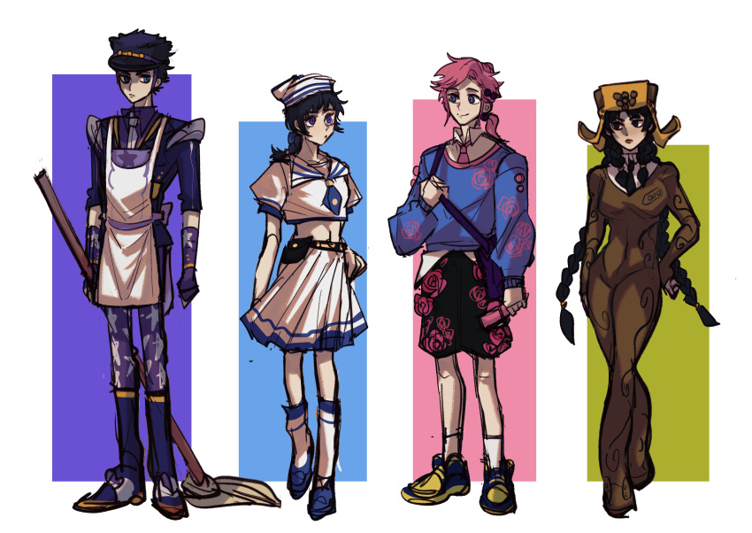 2boys 2girls absurdres black_hair bomber_hat braid crossdressing dixie_cup_hat floral_print genderswap genderswap_(ftm) genderswap_(mtf) hat heterochromia higashikata_josuke_(jojolion) highres hirose_yasuho jojo_no_kimyou_na_bouken jojolion maid male_maid mamezuku_rai military_hat multiple_boys multiple_girls nijimura_kei pink_hair ponytail rose_print sailor_collar simple_background star_(symbol) swampland