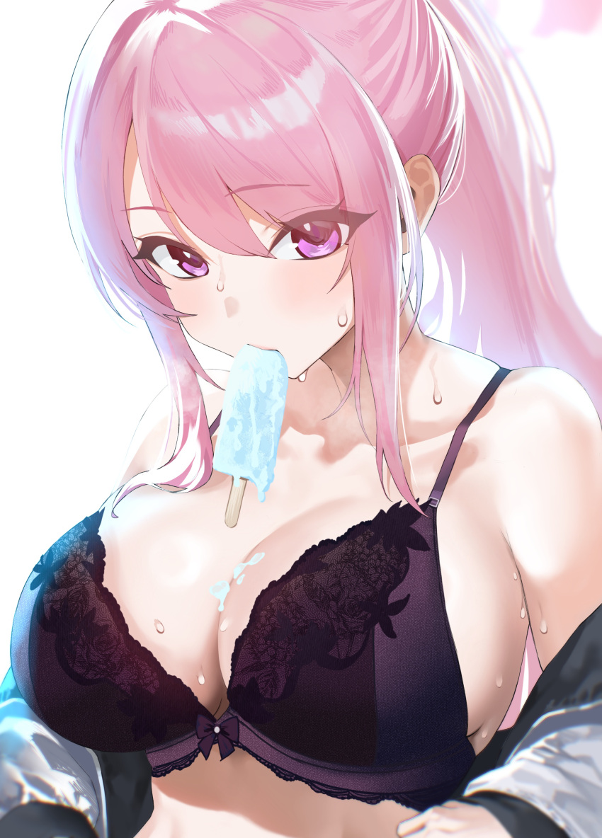 1girl absurdres black_bra blue_archive bow bow_bra bra breasts collarbone commentary_request eimi_(blue_archive) food food_on_body food_on_breasts hair_between_eyes halo highres huge_breasts ice_cream jacket kazane-wind light_blush lingerie long_hair long_sleeves looking_at_viewer mouth_hold open_clothes open_jacket pink_eyes pink_hair pink_halo ponytail popsicle purple_bow purple_bra simple_background skindentation solo swept_bangs underwear upper_body white_background white_jacket