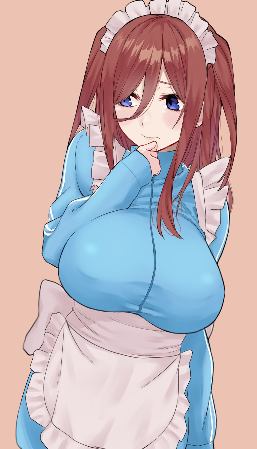 1girl absurdres apron blue_jacket blush breasts brown_hair closed_mouth frilled_apron frills go-toubun_no_hanayome highres huge_breasts jacket long_hair long_hair_between_eyes long_sleeves looking_to_the_side maid_apron maid_headdress marimo_625 nakano_miku pink_background simple_background solo track_jacket waist_apron white_apron