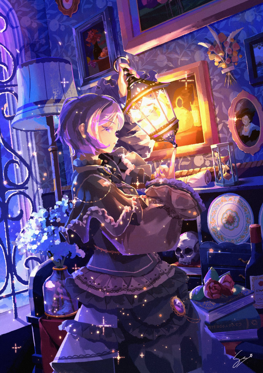 1girl atelier_umiyury black_capelet black_dress book book_stack bottle brooch capelet dress english_commentary flower food frilled_capelet frilled_dress frills gem highres holding holding_lantern hourglass indoors jewelry lamp lantern light_particles long_sleeves night original picture_frame plant plate potted_plant profile purple_eyes purple_hair red_flower red_rose rose short_hair signature skull solo window wine_bottle