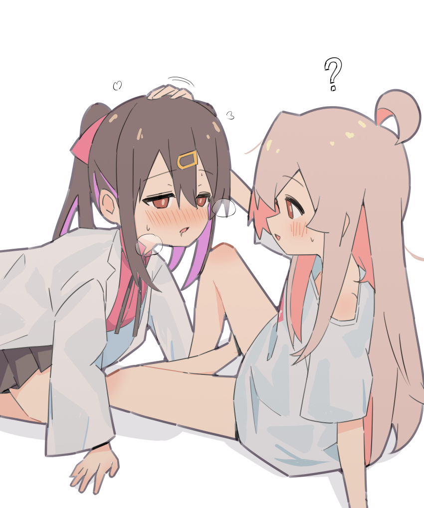 2girls ? absurdres ahoge all_fours bare_legs black_hair black_skirt blush brown_eyes commentary_request drooling hair_between_eyes hair_ornament hairclip hand_on_another's_head headpat heart heavy_breathing highres lab_coat long_hair long_sleeves looking_at_another miniskirt multiple_girls no_pants onii-chan_wa_oshimai! open_mouth oyama_mahiro oyama_mihari pink_hair pleated_skirt ponytail purple_hair red_shirt shirt short_sleeves siblings simple_background sisters sitting skirt t-shirt torogao uncommon_stimulation very_long_hair white_background white_shirt yama_h15