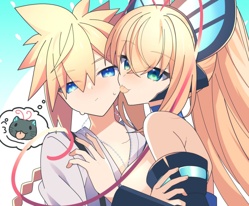 1boy 1girl :3 antenna_hair azure_striker_gunvolt bare_shoulders black_sleeves blonde_hair blue_eyes braid braided_ponytail breasts butterfly_hair_ornament cat cleavage commentary_request detached_sleeves gunvolt hair_between_eyes hair_ornament high_ponytail highres jewelry large_breasts licking licking_another's_face lololotton long_hair lumen_(gunvolt) multicolored_hair necklace pink_hair shirt spiked_hair suspenders sweat thought_bubble two-tone_hair upper_body white_shirt