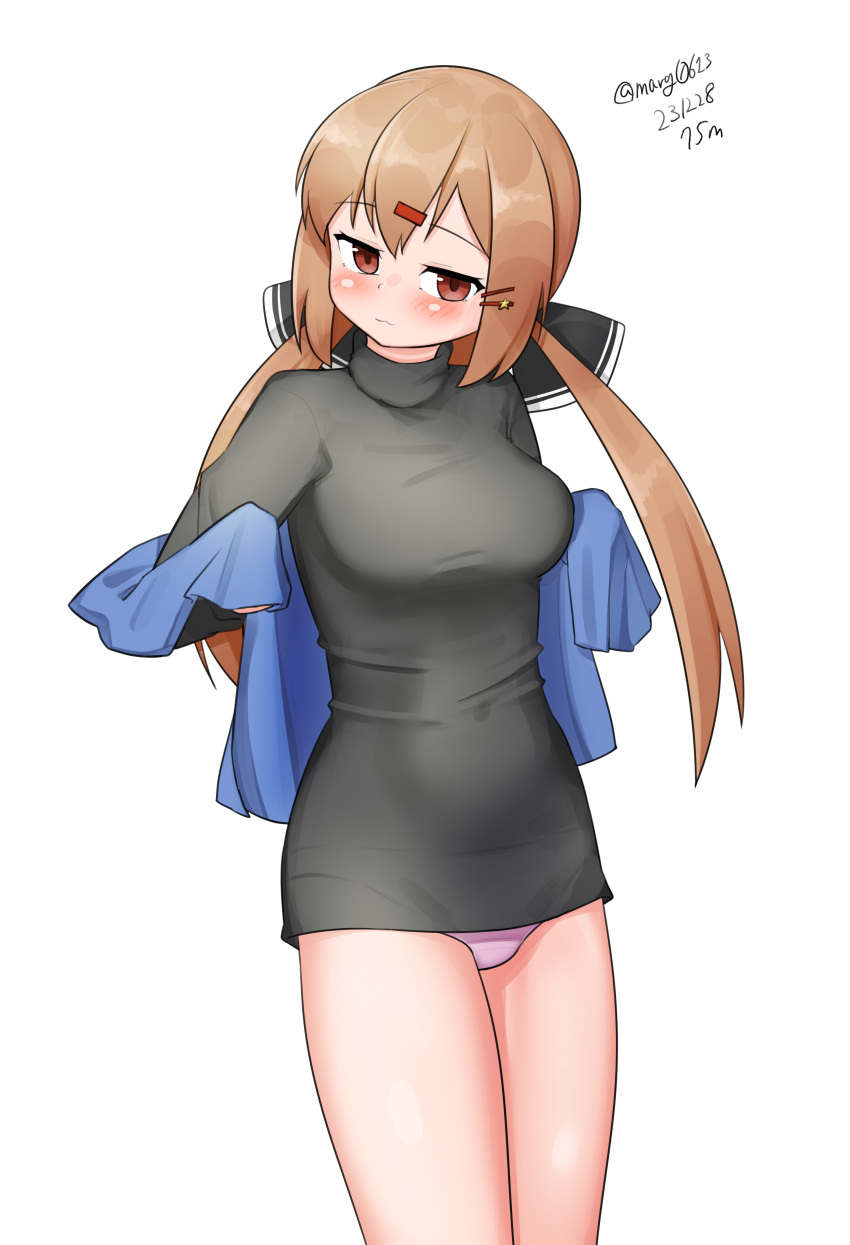 1girl absurdres blue_jacket brown_eyes brown_hair cowboy_shot grey_sweater hair_ornament hairclip highres jacket jacket_partially_removed kantai_collection long_hair low_twintails maru_(marg0613) one-hour_drawing_challenge panties pink_panties solo standing sweater tashkent_(kancolle) twintails underwear