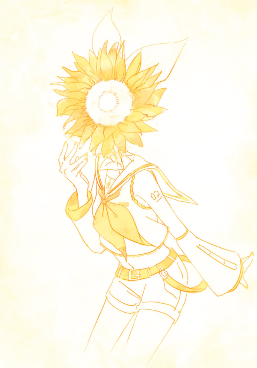 1girl bare_shoulders belt belt_buckle bow buckle crop_top detached_sleeves eob faceless flower hair_bow highres kagamine_rin midriff monochrome navel neckerchief number_tattoo sailor_collar sailor_shirt shirt shorts shoulder_tattoo sleeveless sleeveless_shirt solo sunflower tattoo treble_clef vocaloid yellow_belt yellow_nails yellow_neckerchief yellow_theme